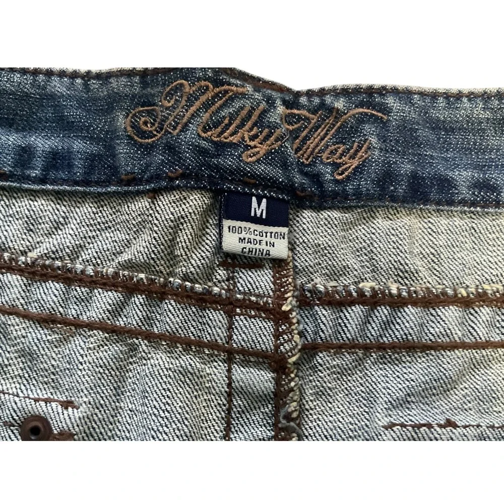 Milky Way Womens Medium Wash Floral‎ Embroidered Denim Skirt SZ M Distressed VTG